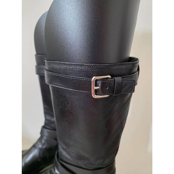 PRADA  BLACK  LEATHER 2X BELTED BUCKLE BIKER  BOOTS 37.5 ITALY - Picture 3 of 12
